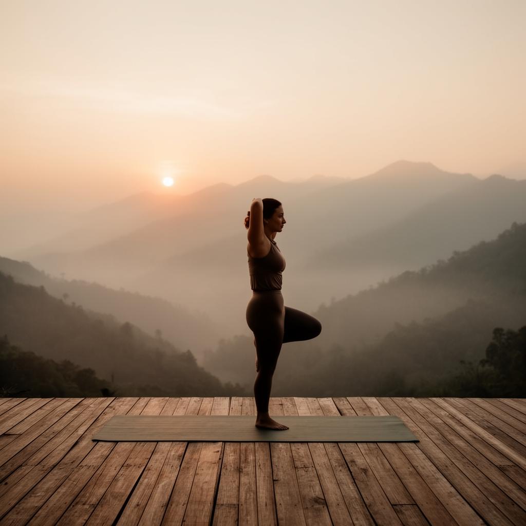 Woman practicing yoga at sunrise with mountain view, wellness lifestyle