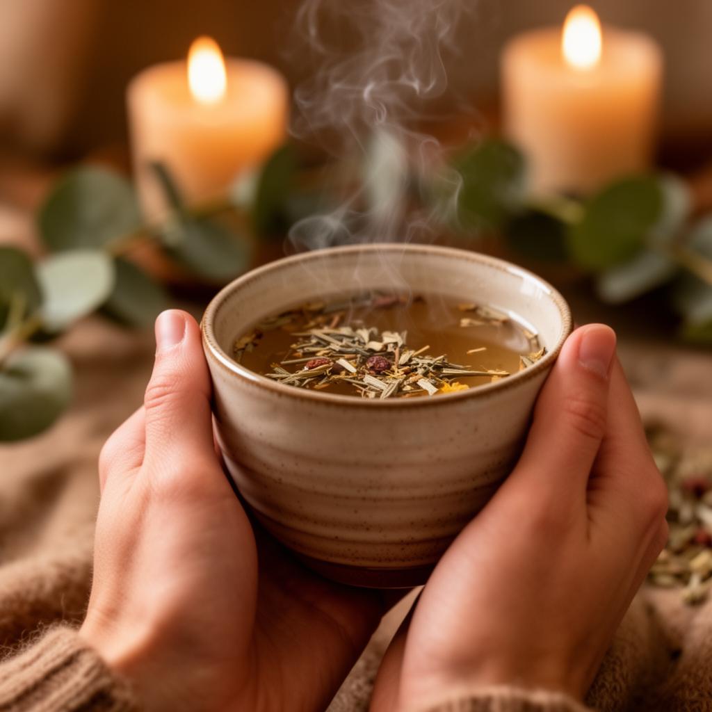 Hands holding warm herbal tea cup with candles