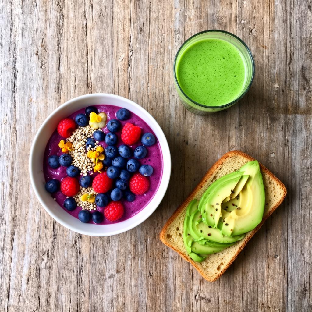 Colorful healthy breakfast bowl with berries and smoothie